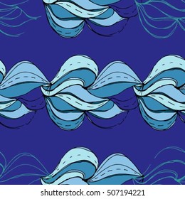 Hand drawn abstract cartoon clouds pattern - vector design in flat style on dark blue background, repeat seamless simple tile for surface design and fabric print