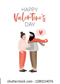 Hand drawn abstract cartoon modern graphic Happy Valentines day concept illustrations card with couples people together. Vector