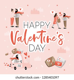 Hand drawn abstract cartoon modern graphic Happy Valentines day concept illustrations card with couples people together. Vector