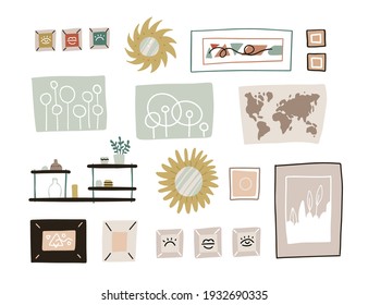 Hand drawn abstract cartoon modern graphic frames pictures collection illustration set. Wall decoration - mirror, map and shelves. Modern art isolated on white background