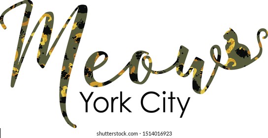 Hand Drawn Abstract Cat ''Meow York City'' Text Slogan with Leopard Foil Texture Vector T-Shirt Design Isolated Background