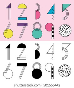 Hand drawn abstract characters. Colorful funny numbers set in retro memphis style. 80s - 90s digits