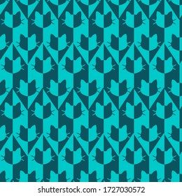 Hand Drawn Abstract Checkered Geometric Triangular Shapes with Cat Silhouette Repeating Vector Pattern