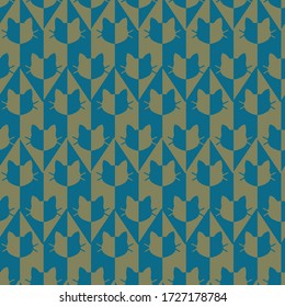 Hand Drawn Abstract Checkered Geometric Triangular Shapes with Cat Silhouette Repeating Vector Pattern