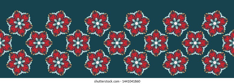 Hand drawn abstract Christmas flower border pattern. Stylized poinsettia floral on green background. Winter holiday ribbon trim. Festive holidays gift wrap washi tape illustration. Seamless vector