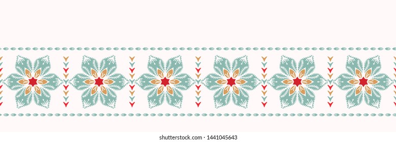 Hand drawn abstract Christmas flower border pattern. Stylized poinsettia floral on white background. Winter holiday ribbon trim. Festive holidays gift wrap washi tape illustration. Seamless vector

