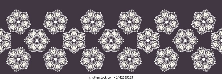 Hand drawn abstract Christmas flower border pattern. Stylized poinsettia floral banner. Black White background. Winter holiday ribbon edge trim. Festive xmas holidays floral gift wrap washi tape. 