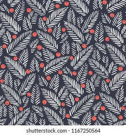 Hand drawn abstract Christmas foliage, red holy berries on dark background vector seamless pattern. Winter Holiday Print