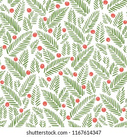 Hand drawn abstract Christmas foliage, holy berries on white background vector seamless pattern. Winter Holiday Print