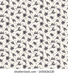 Hand drawn abstract Christmas foliage pattern. Tiny tossed fir tree branch. Ecru white background. Cute winter holiday all over print. Festive gift wrapping paper illustration. Seamless vector swatch.