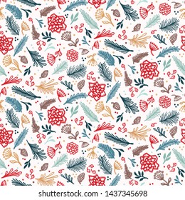 Hand drawn abstract Christmas foliage pattern. Tossed fir tree branch, poinsettia flower background. Winter holiday all over print. Festive gift wrapping paper illustration. Seamless vector swatch. 