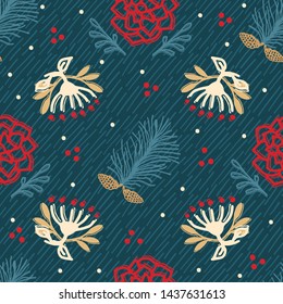 Hand drawn abstract Christmas foliage pattern. Tossed fir tree branch, poinsettia flower background. Winter holiday all over print. Festive gift wrapping paper illustration. Seamless vector swatch.