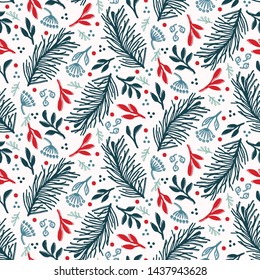 Hand drawn abstract Christmas foliage pattern. Tossed fir tree branch, leaves, berries background. Winter holiday all over print. Festive gift wrapping paper illustration. Seamless vector swatch.