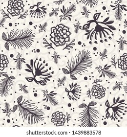 Hand drawn abstract Christmas foliage pattern. Tossed fir tree branch, poinsettia flower background. Winter holiday all over print. Festive gift wrapping paper illustration. Seamless vector swatch.