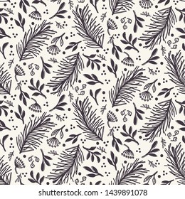 Hand drawn abstract Christmas foliage pattern. Tossed fir tree branch, leaves, berries background. Winter holiday all over print. Festive gift wrapping paper illustration. Seamless vector swatch.