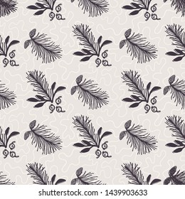  Hand drawn abstract Christmas foliage pattern. Tossed fir tree branch, leaves, berries background. Winter holiday all over print. Festive gift wrapping paper illustration. Seamless vector swatch.