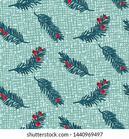 Hand drawn abstract Christmas foliage pattern. Tossed fir tree branch, leaves, berries background. Winter holiday all over print. Festive gift wrapping paper illustration. Seamless vector swatch.