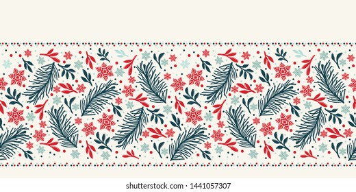Hand drawn abstract Christmas foliage pattern. Tossed fir tree branch, leaves, berries background. Winter holiday all over print. Festive gift wrapping paper illustration. Seamless vector swatch.