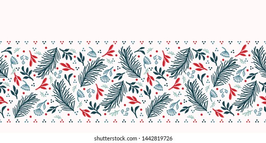 Hand drawn abstract Christmas foliage pattern. Tossed fir tree branch, leaves, berries background. Winter holiday all over print. Festive gift wrapping paper illustration. Seamless vector swatch