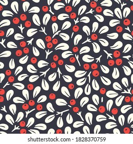 Hand Drawn Abstract Christmas Mistletoe Foliage Horizontal Vector Seamless Pattern on Dark Background. Modern Winter Holiday Print . Perfect for Invitations, Gift Paper, Stationery