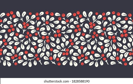 Hand Drawn Abstract Christmas Mistletoe Foliage Horizontal Vector Seamless Pattern Border on Dark Background. Modern Winter Holiday Print . Perfect for Invitations, Gift Paper, Stationery
