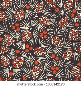 Hand Drawn Abstract Christmas Pin Cone, Red Berries, Fir Tree Foliage Horizontal Vector Seamless Pattern on Dark Background. Modern Winter Linocut Holiday Print. Perfect for Invitations, Gift Paper
