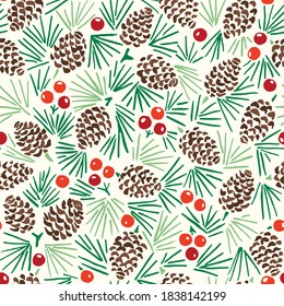 Hand Drawn Abstract Christmas Pin Cone, Red Berries, Fir Tree Foliage Horizontal Vector Seamless Pattern on Light Background. Modern Winter Linocut Holiday Print. Perfect for Invitations, Gift Paper