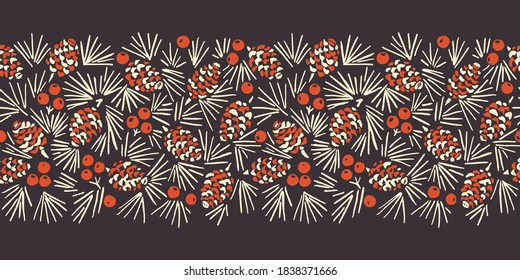 Hand Drawn Abstract Christmas Pin Cone, Red Berries, Fir Tree Foliage Horizontal Vector Seamless Pattern Border on Dark Background. Modern Winter Linocut Holiday Print for Invitations, Gift Paper