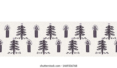 Hand drawn abstract Christmas tree seamless border pattern. Lit candle and fir tree on white background. Winter holiday ribbon banner.
