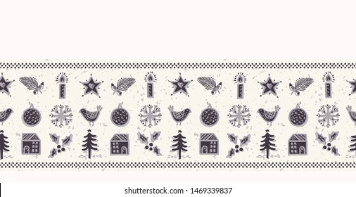 Hand drawn abstract Christmas tree seamless border pattern. Lit candle, robin,bauble,naive home,starm fir tree on white background. Winter holiday ribbon banner.
