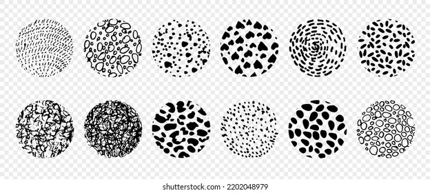 Hand drawn abstract circle sketch set. Vector circular scribble doodle. Backgrounds in the form of a circle of spots, lines, splashes, stripes and dots, on a transparent background