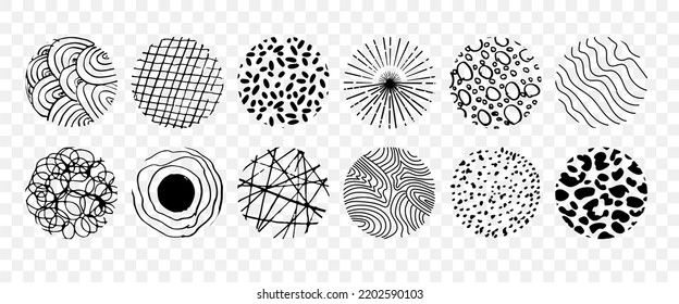 Conjunto de esbozo de círculo abstracto dibujado a mano. Doodle de garabato circular vectorial. Fondos en forma de círculo de puntos, líneas, salpicaduras, rayas y puntos, sobre un fondo transparente