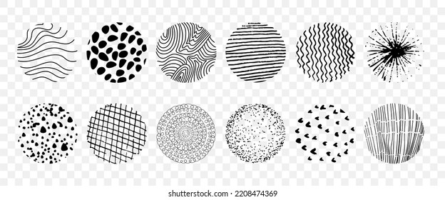 Conjunto de esbozo de círculo abstracto dibujado a mano. Doodle de garabato circular vectorial. Fondos en forma de círculo de puntos, líneas, salpicaduras, rayas y puntos, sobre un fondo transparente