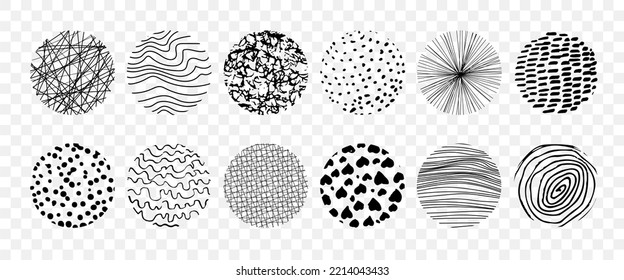 Conjunto de esbozo de círculo abstracto dibujado a mano. Doodle de garabato circular vectorial. Fondos en forma de círculo de puntos, líneas, salpicaduras, rayas y puntos, sobre un fondo transparente