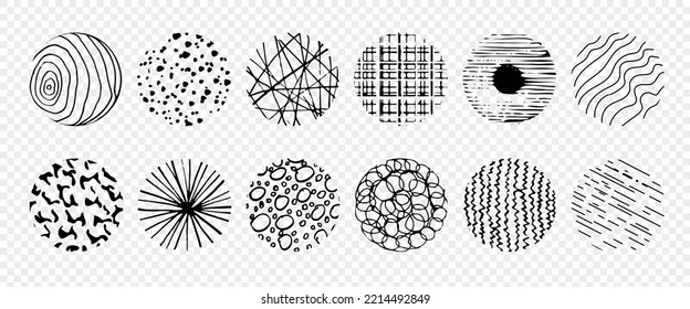 Conjunto de esbozo de círculo abstracto dibujado a mano. Doodle de garabato circular vectorial. Fondos en forma de círculo de puntos, líneas, salpicaduras, rayas y puntos, sobre un fondo transparente