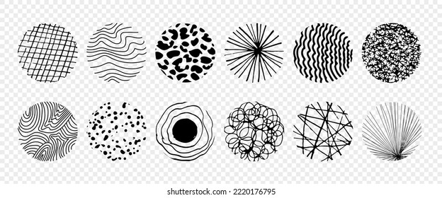 Hand drawn abstract circle sketch set. Vector circular scribble doodle. Backgrounds in the form of a circle of spots, lines, splashes, stripes and dots, on a transparent background