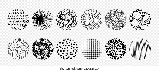 Hand drawn abstract circle sketch set. Vector circular scribble doodle. Backgrounds in the form of a circle of spots, lines, splashes, stripes and dots, on a transparent background
