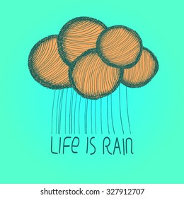 Hand drawn abstract cloud with balls of yarn and raining treads-stock vector