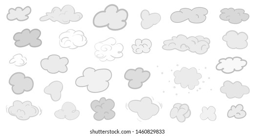 Hand drawn abstract clouds on white. Simple samples. Black and white illustration