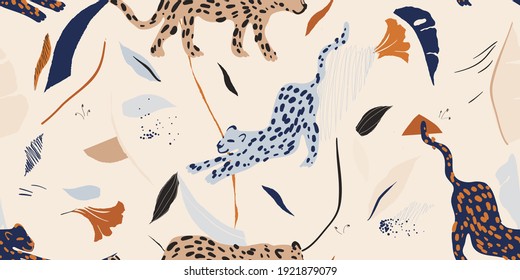 Hand drawn abstract collage pattern with leopards. Contemporary seamless pattern. Fashionable template for design.