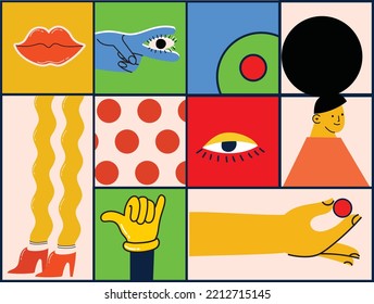 Hand drawn Abstract Collage with shapes, funny cute Comic characters. Big Set of Different colored Vector illustartions. Square Posters, logo Templates in flat design
