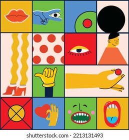 Collage abstracto de mano con formas, graciosos y lindos personajes de historieta. Gran conjunto de diferentes iluminaciones vectoriales de colores. Afiches cuadrados, plantillas de logotipo en diseño plano
