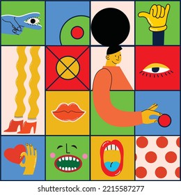 Hand drawn Abstract Collage with shapes, funny cute Comic characters. Big Set of Different colored Vector illustartions. Square Posters, logo Templates in flat design
