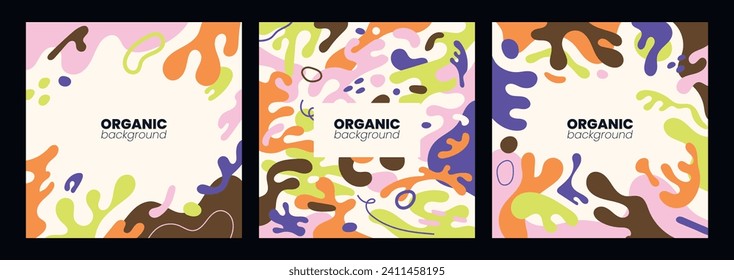 Hand drawn abstract colorful background set. Modern cards with creative trendy fluid shapes, doodle organic elements. Contemporary minimalist covers. Colored flat vector illustrations.