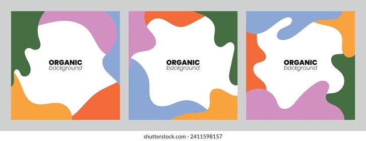 Hand drawn abstract colorful background set. Modern cards with creative trendy fluid shapes, doodle organic elements. Contemporary minimalist covers. Colored flat vector illustrations.