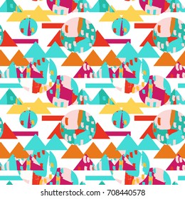 Hand drawn abstract colorful circle and triangle shape with grunge texture seamless pattern