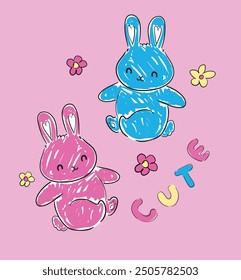 Hand Drawn Abstract colorful Cute Bunny and flowers, print design rabbit, children print on t-shirt