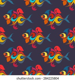 Hand drawn abstract colorful fish seamless pattern. Vector line art.