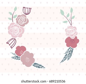 Hand drawn abstract colorful floral wreath isolated on background with hearts and stripes. Vector illustration for your design.