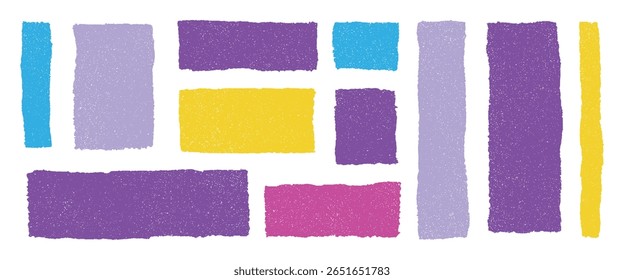 Hand drawn abstract colorful grunge rectangles and squares with chalky texture. Vector childlike sketch boxes, rough crayon strokes. Empty geometric shapes for notes, banners or speech bubble design
